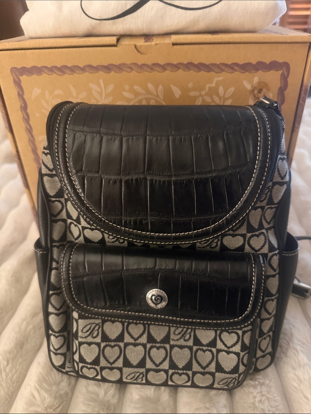 Brighton Black Heart-Pattern Backpack with Croc-Textured Trim